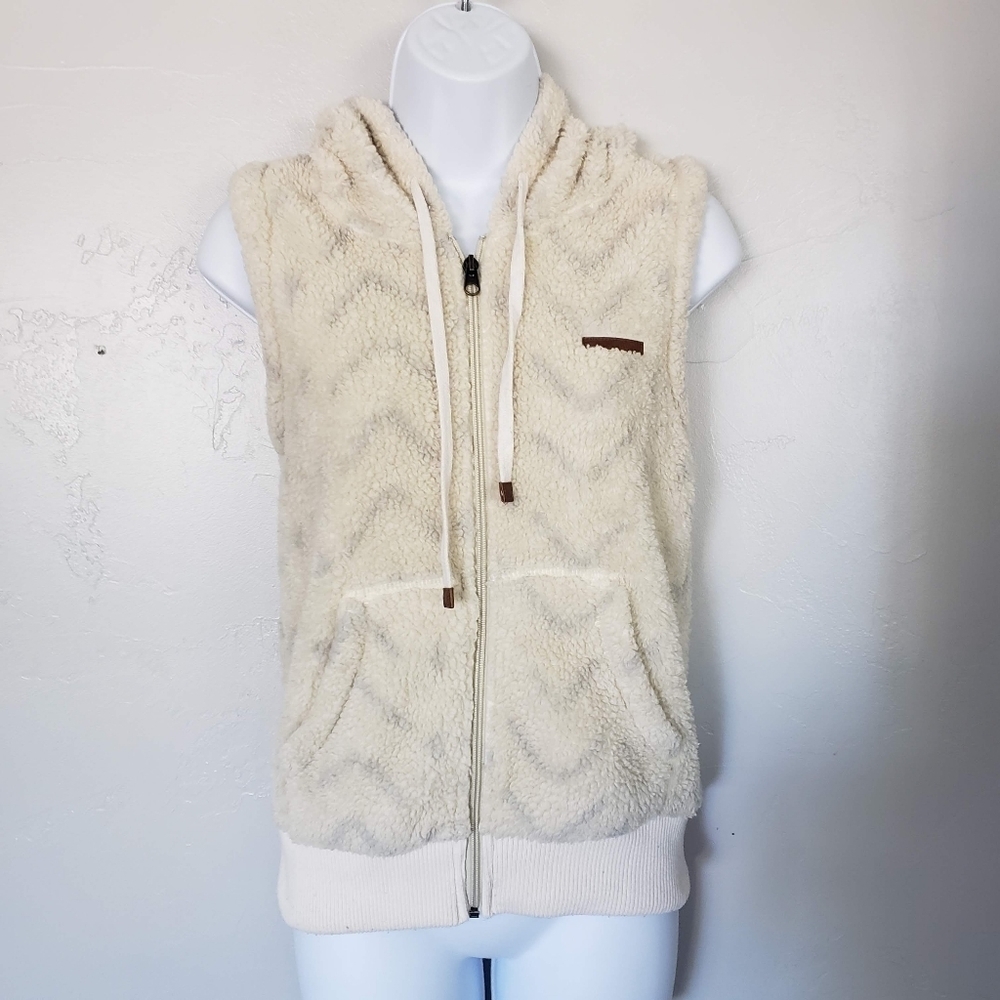 Billabong Small Furry Vest Full Zip Hooded Ivory Cream Grey Chevron Jacket Top